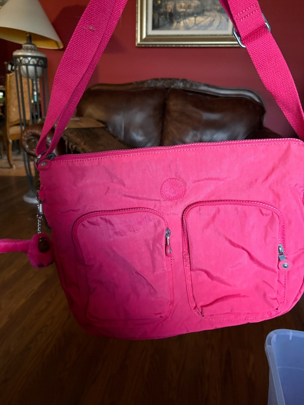 Kipling Pink Nylon Crossbody Messenger Bag Monkey Keychain Adjustable Strap